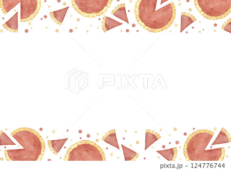 Hand drawn watercolor pumpkin pie and polka-dot frame border. Illustration of food isolated on white background. Can be used for postcard, album, scrapbook and other printed products. 124776744