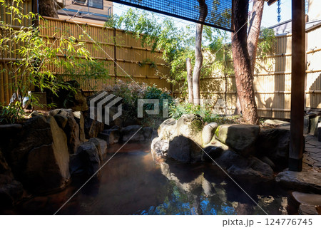 Japanese outdoor hot mineral water in ryokan, Shibu Onsen 124776745