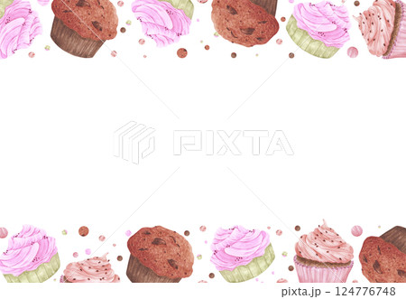 Hand drawn watercolor cupcakes and polka-dot frame border. Illustration of food isolated on white background. Can be used for postcard, album, scrapbook and other printed products. 124776748