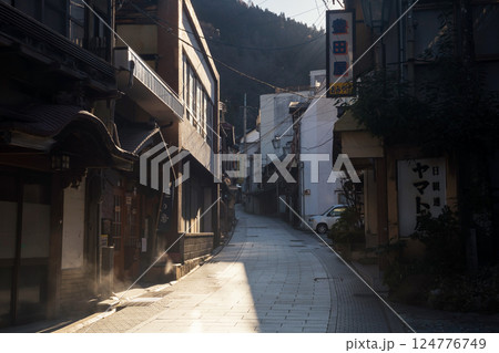 Shibu Onsen small hot springs town at sunrise in Yamanouchi Shibu Onsen small hot springs town at sunrise in Yamanouchi 124776749