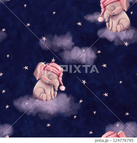 Sleeping elephant dreaming on cloud seamless pattern. Dark sky with stars. Hand drawn illustration for wallpapers and textile. Sleeping elephant dreaming on cloud seamless pattern. Dark sky with stars. Hand drawn illustration for wallpapers and textile. 124776795