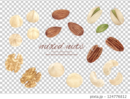 水彩手書きのミックスナッツのベクターイラストセット 124776812