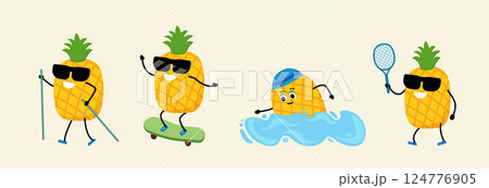 Outdoor sports. fitness. swimming,Tennis. skateboard. nordic walking Cartoon, Happy Avocado. 124776905