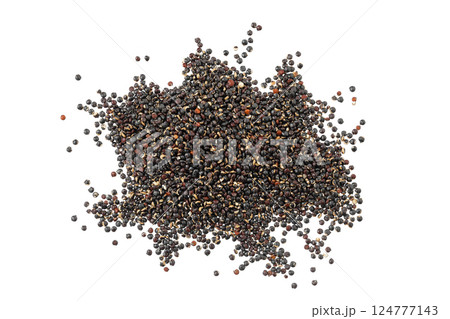 black quinoa seeds isolated on white background. Top view. Flat lay black quinoa seeds isolated on white background. Top view. Flat lay 124777143