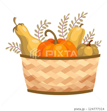 Basket autumn harvest icon. Grocery products in eco basket. Fresh organic healthy vegetarian food. Wicker baskets with autumn harvest of vegetables isolated on white 124777314