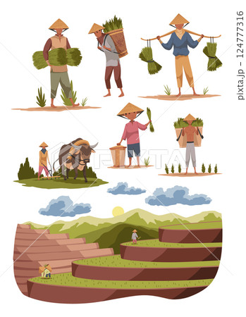 Collection of asian farmers in straw conical hat. Asia rural culture. Chinese farmers carrying yields rice harvest on his shoulders and in hands. Vector cartoon illustration 124777316