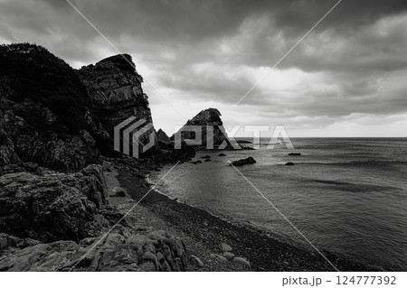 露出した地層と穏やかな海　甑島 124777392