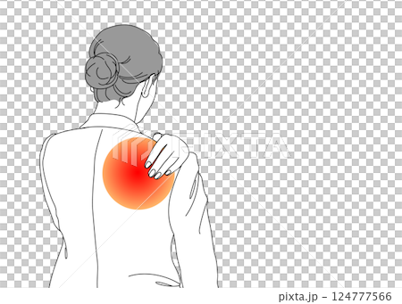 Illustration of a businessman and woman suffering from stiff shoulders, upper body, back view, monochrome (image of red pain) Illustration of a businessman and woman suffering from stiff shoulders, upper body, back view, monochrome (image of red pain) 124777566