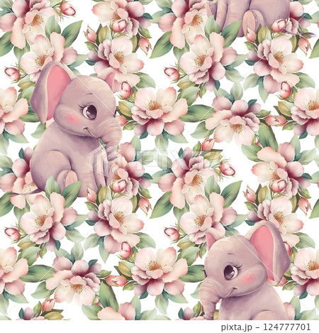 Seamless pattern with hand drawn flowers and cute elephants. Seamless pattern with hand drawn flowers and cute elephants. 124777701