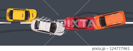 Big car accident. Passenger automobiles on highway top view. Transports danger collision. Auto traffic. Broken vehicles. Wrecked sedans. Street crash. Smashed machines. Vector concept 124777961