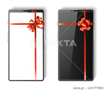 Black and white phone tied with gift red ribbon. Holiday present. 3D smartphone touchscreen. Realistic mobile screen. Birthday surprise. Cellular cellphone app display. Vector devices set Black and white phone tied with gift red ribbon. Holiday present. 3D smartphone touchscreen. Realistic mobile screen. Birthday surprise. Cellular cellphone app display. Vector devices set 124777964