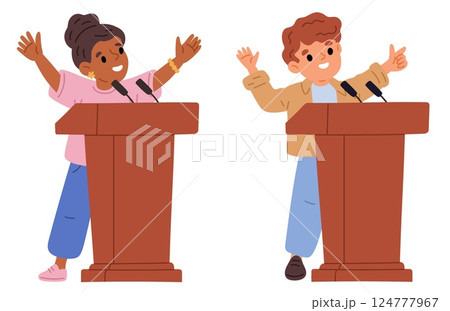 Boy and girl standing behind wooden bollard. Forum perform stage. Children speaking from stands. Young public speakers. Kids discussion at tribunes with microphones. Vector concept Boy and girl standing behind wooden bollard. Forum perform stage. Children speaking from stands. Young public speakers. Kids discussion at tribunes with microphones. Vector concept 124777967