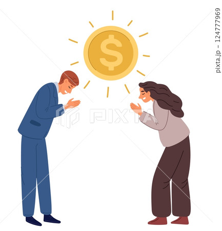 Businessman and businesswoman pray for financial prosperity. Worship gold coin. Addiction and servitude money. People wishing wealth. Office prayers. Greed man and woman. Vector concept Businessman and businesswoman pray for financial prosperity. Worship gold coin. Addiction and servitude money. People wishing wealth. Office prayers. Greed man and woman. Vector concept 124777969