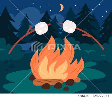 Camping with burning fire and roasted white marshmallows on stick. Forest campsite. Hiking adventure. Food cooking on campfire. Blazing firewood. Summer landscape. Vector camp bonfire 124777971