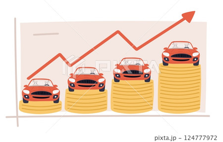 Car value growth graph. Rising car prices. Business chart. Gold coins stack. Growing arrow. Finance increase diagram. Automobile valuation. Auto loan paying. Vector economy infographic 124777972