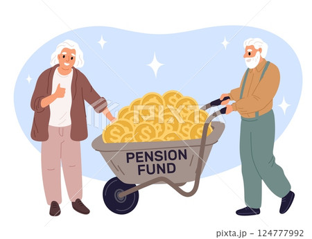 Happy old man and woman with their large retirement fund. Financial deposit. Elderly couple pushing wheelbarrow. Grandparents finance savings. Trolley for gold coins. Vector concept Happy old man and woman with their large retirement fund. Financial deposit. Elderly couple pushing wheelbarrow. Grandparents finance savings. Trolley for gold coins. Vector concept 124777992