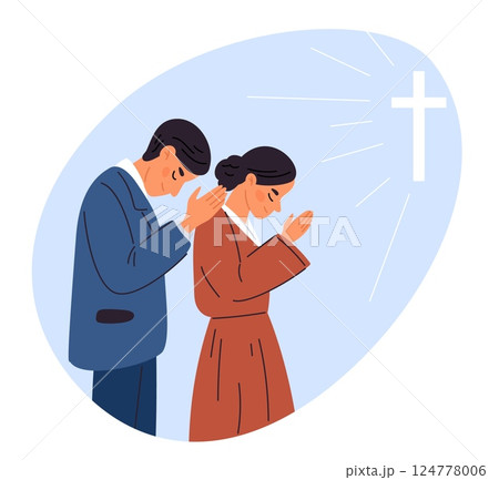 Man and woman praying to God. Faithful people. Christianity cross. Jesus worship. Prayers couple standing together. Religious ritual. Spiritual belief. Catholic church. Vector concept 124778006