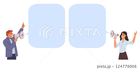 Man and woman with megaphones. Speech bubbles. Public speakers. Marketing and announcing news. Agitators shout into loudspeakers. Advertising promotion. Attention message. Vector concept 124778008
