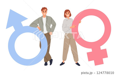 Man and woman with their signs. Human gender. Feminine or masculine characters. Heterosexual couple relationship. People holding big sex symbols. Equality and balance. Vector concept Man and woman with their signs. Human gender. Feminine or masculine characters. Heterosexual couple relationship. People holding big sex symbols. Equality and balance. Vector concept 124778010