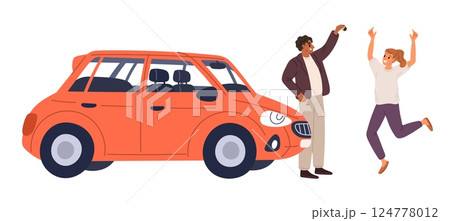 Man gives woman car. Holiday gift. Couple celebrate automobile purchase. Guy with auto key. Joyful girl. New vehicle. Expensive present. Transport owner. Buyers happiness. Vector concept Man gives woman car. Holiday gift. Couple celebrate automobile purchase. Guy with auto key. Joyful girl. New vehicle. Expensive present. Transport owner. Buyers happiness. Vector concept 124778012