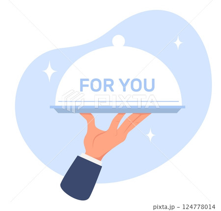 Man hand holds tray with lid and inscription for you. Catering service. Cafe staff carrying plate. Cloche cap. Waiter arm with dinner dish. Kitchen chef. Surprise giving. Vector concept Man hand holds tray with lid and inscription for you. Catering service. Cafe staff carrying plate. Cloche cap. Waiter arm with dinner dish. Kitchen chef. Surprise giving. Vector concept 124778014