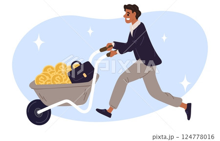 Man holding cart with gold coins. Businessman pushing wheelbarrow. Success and wealth. Trolley for briefcase and cash financial savings. Successful guy. Money investment. Vector concept 124778016
