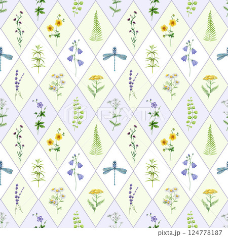 Wild flowers summer mood seamless pattern tile watercolor hand drawn vintage style illustration. Blue bell flower, lavender, chamomile, buttercup, fern leaves floral elements elegant decor Wild flowers summer mood seamless pattern tile watercolor hand drawn vintage style illustration. Blue bell flower, lavender, chamomile, buttercup, fern leaves floral elements elegant decor 124778187