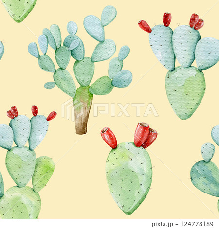 Prickly pear cactus seamless pattern hand drawn vintage style watercolor illustration. Opuntia cactus natural healthy desert succulent plant on sandy color background seamless pattern design element Prickly pear cactus seamless pattern hand drawn vintage style watercolor illustration. Opuntia cactus natural healthy desert succulent plant on sandy color background seamless pattern design element 124778189