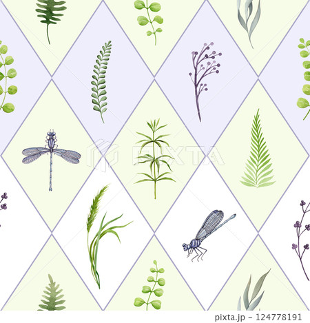 Meadow grasses and wild flowers tender colors seamless pattern tile watercolor hand drawn vintage style illustration. Wild plants, fern leaves, dragonflies floral elements elegant seamless pattern Meadow grasses and wild flowers tender colors seamless pattern tile watercolor hand drawn vintage style illustration. Wild plants, fern leaves, dragonflies floral elements elegant seamless pattern 124778191