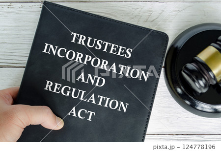 Hand holding Trustee Incorporation and Regulation Act book with gavel background Hand holding Trustee Incorporation and Regulation Act book with gavel background 124778196