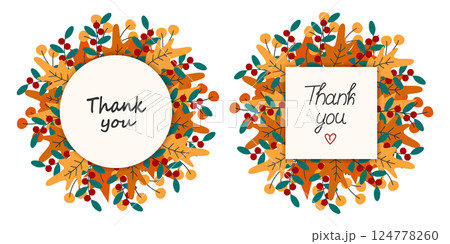 Thank you lettering Note pages on Autumn leaves wreath background Thanksgiving Greeting design Set 124778260