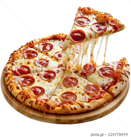Fresh hot pizza with melting cheese on white background and one separating piece, cut-out, clipping path, transparent 124778474