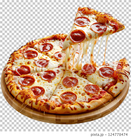 Fresh hot pizza with melting cheese on white background and one separating piece, cut-out, clipping path, transparent 124778474
