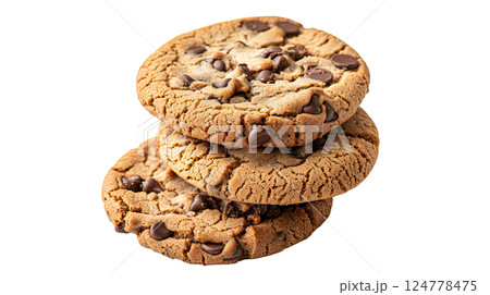 American chocolate chip cookies with chocolate on white background. Delicious dessert, close up, cut-out, clipping path, transparent American chocolate chip cookies with chocolate on white background. Delicious dessert, close up, cut-out, clipping path, transparent 124778475