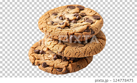 American chocolate chip cookies with chocolate on white background. Delicious dessert, close up, cut-out, clipping path, transparent American chocolate chip cookies with chocolate on white background. Delicious dessert, close up, cut-out, clipping path, transparent 124778475