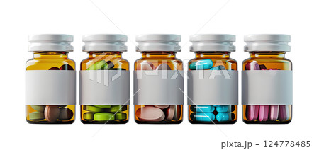 five bottles with blank labels of dark glass with different color pills in every one, and white cup, cut-out, clipping path, transparent 124778485