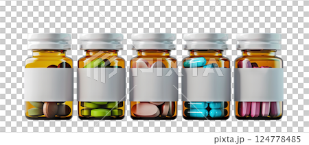 five bottles with blank labels of dark glass with different color pills in every one, and white cup, cut-out, clipping path, transparent 124778485