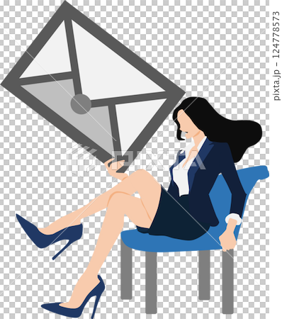 Illustration of a businesswoman holding an envelope in one hand Illustration of a businesswoman holding an envelope in one hand 124778573