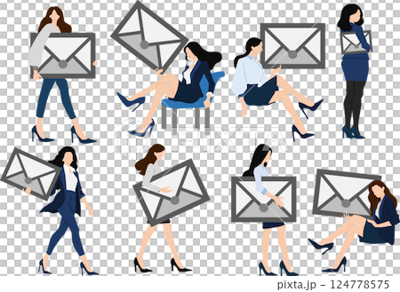 封筒を片手に持つ女性実業家のイラストセット 封筒を片手に持つ女性実業家のイラストセット 124778575