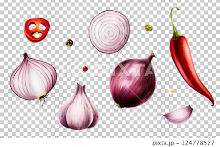 Set of Garlic bulbs and clove and Red onions. Red chilli pepper. Watercolor hand drawn purple onion isolated on transparent background. illustration. For designers, menu, decoration, food blog 124778577