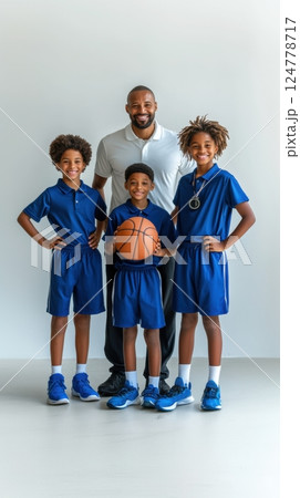 Smiling coach stands behind three young basketball players in blue uniforms posing with ball against bright white background. 124778717