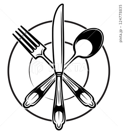 Black and White Illustration of a Plate with Crossed Knife, Fork, and Spoon, Symbolizing Mealtime 124778835
