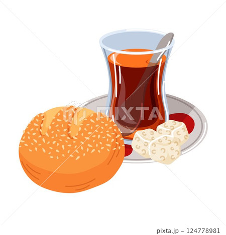 Turkish breakfast with glass of tea, sesame stuffed bun, sugar cubes and spoon on saucer with red pattern in cartoon style. Food culture for morning breakfast ritual isolated on a white background. 124778981
