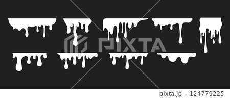 Melting white paint stains on dark background. White paint splashes with drops, liquid shape, white paint fluid 124779225