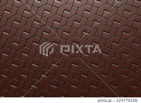 Dark leather background, brown geometrical panels, wallpaper background, abstract 3d render or illustration or backdrop. Classic design.  124779286