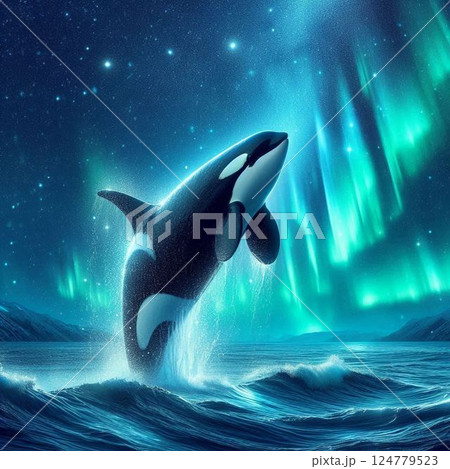 優しいタッチのシャチとオーロラ 124779523