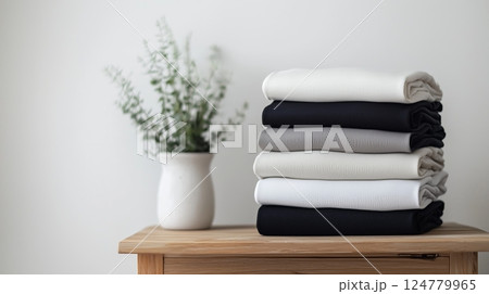 Stacks of neatly folded t-shirts, set against a minimalistic background.  124779965