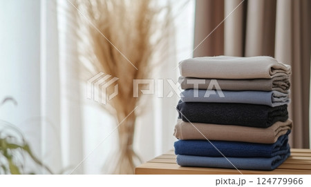 Stacks of neatly folded t-shirts, set against a minimalistic background.  124779966