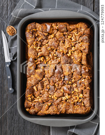 Brioche french toast sweet casserole, top view Brioche french toast sweet casserole, top view 124779993