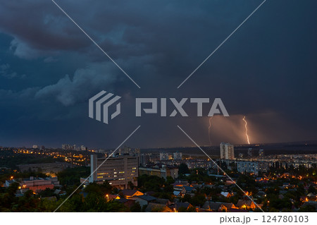 City skyline under approaching storm clouds 124780103